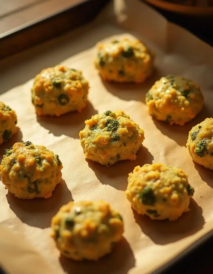 Broccoli cheese balls arranged on a baking sheet ready to bake.