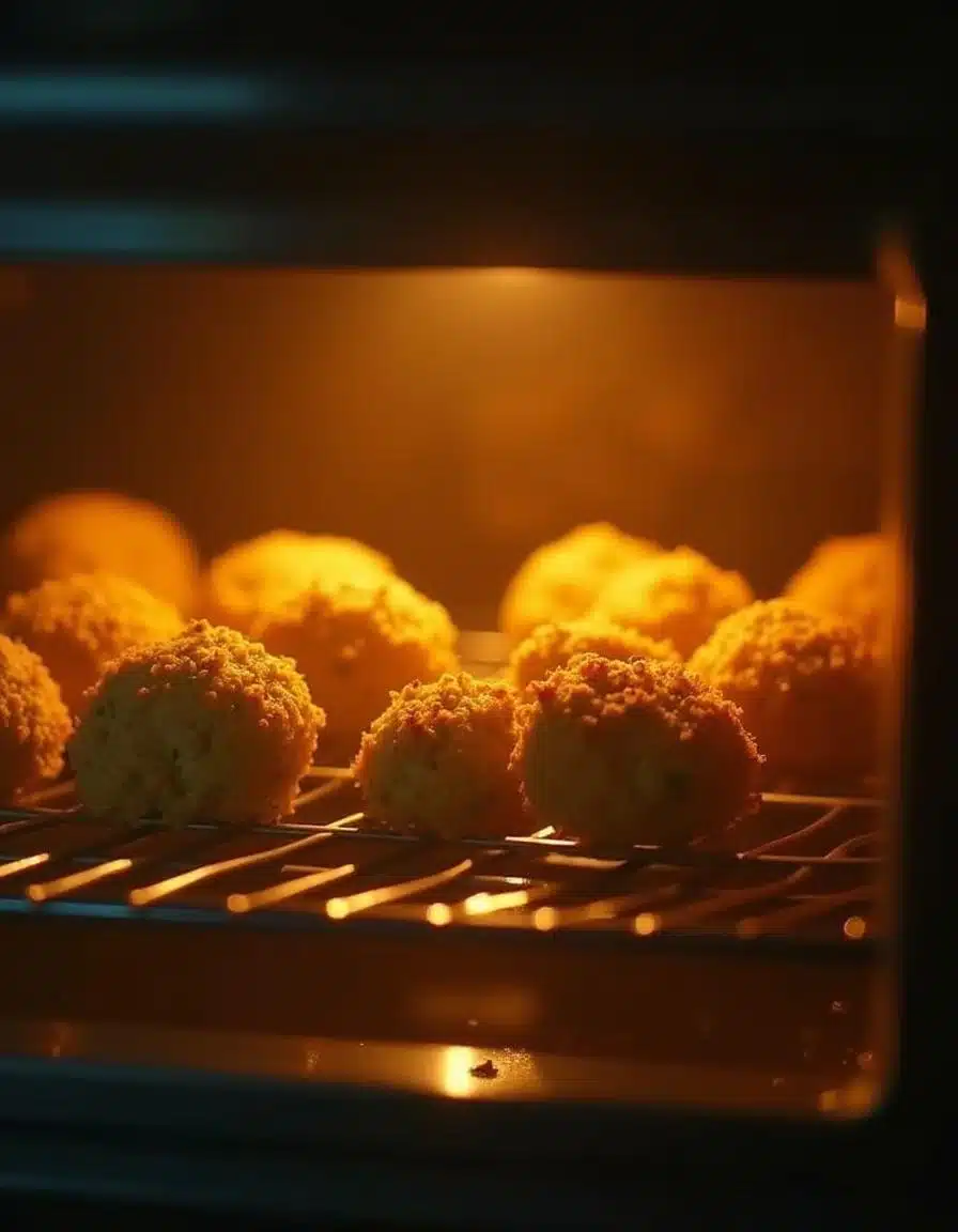 Broccoli cheese balls baking in an oven.