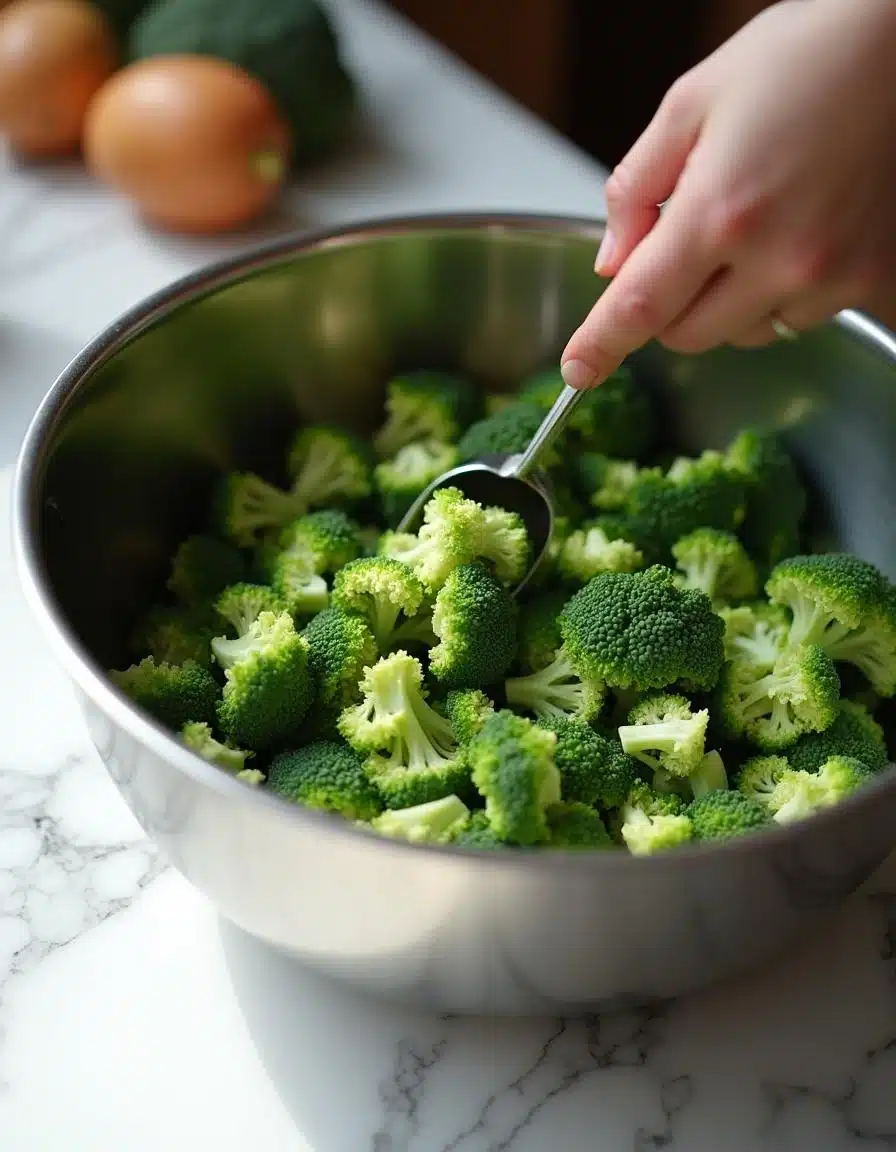 Finely chopped broccoli in a mixing bowl for Baked Broccoli Cheese Balls.