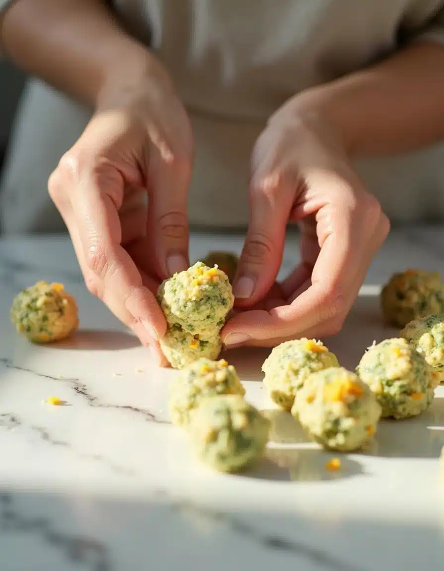 Shaping broccoli cheese mixture into balls on a marble counter.