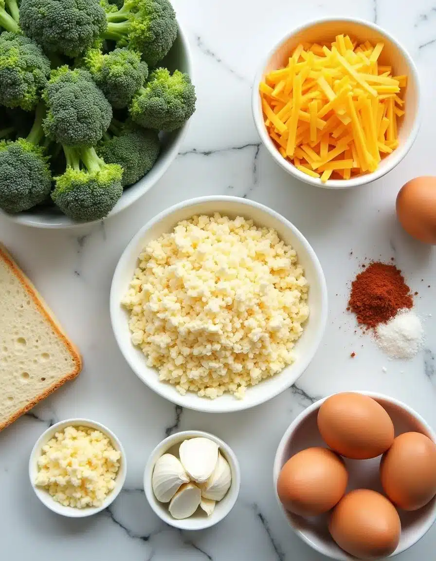 Fresh ingredients for Baked Broccoli Cheese Balls on a white marble counter.