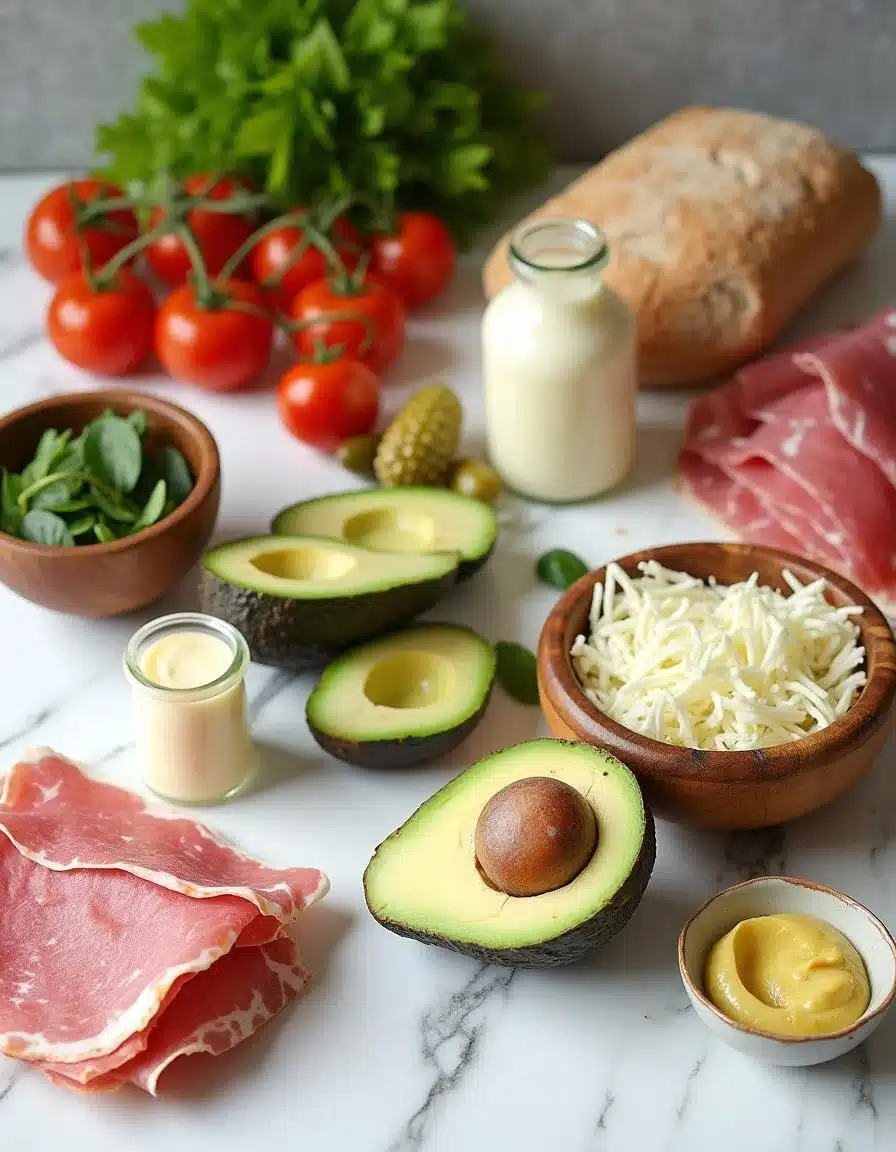 Ingredients for Plant-Based Deli Meat Sandwich arranged on a white marble countertop.