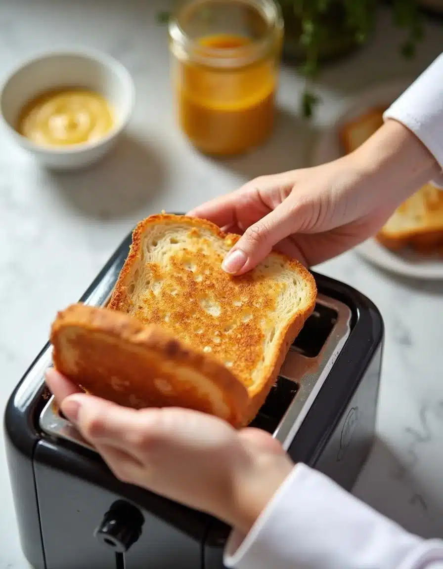 Toasting bread for a Plant-Based Deli Meat Sandwich.