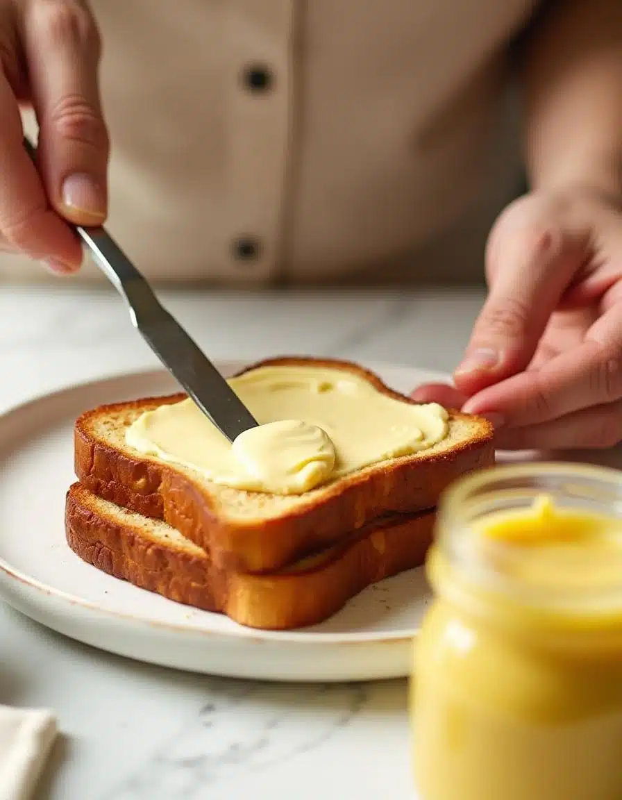 Spreading vegan mayo on toasted bread for a sandwich.