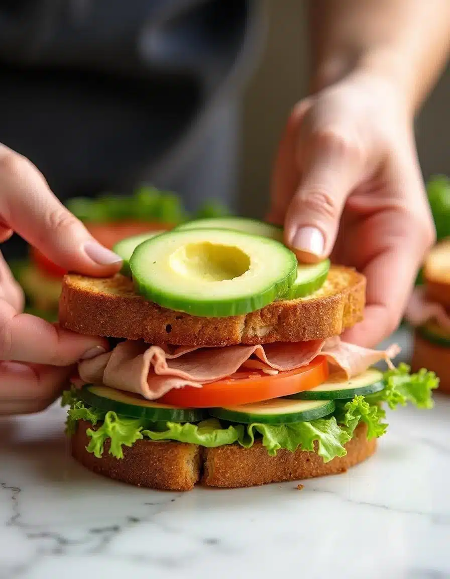 Layering plant-based deli meat on bread for a sandwich.