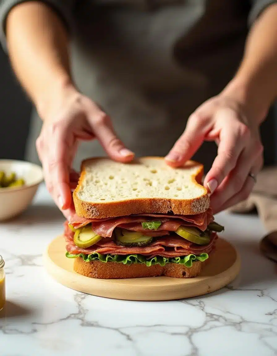 Adding fresh veggies to a Plant-Based Deli Meat Sandwich.