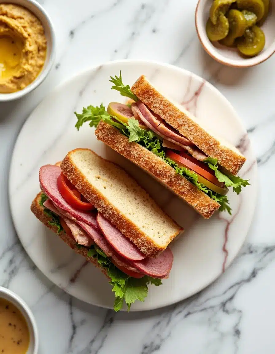 Assembling a Plant-Based Deli Meat Sandwich.