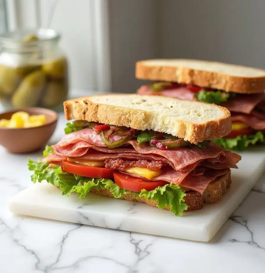 Finished Plant-Based Deli Meat Sandwich with fresh veggies and spreads