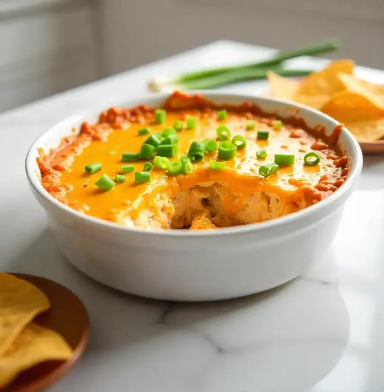 Perfectly baked buffalo chicken dip garnished with green onions and ready to eat.