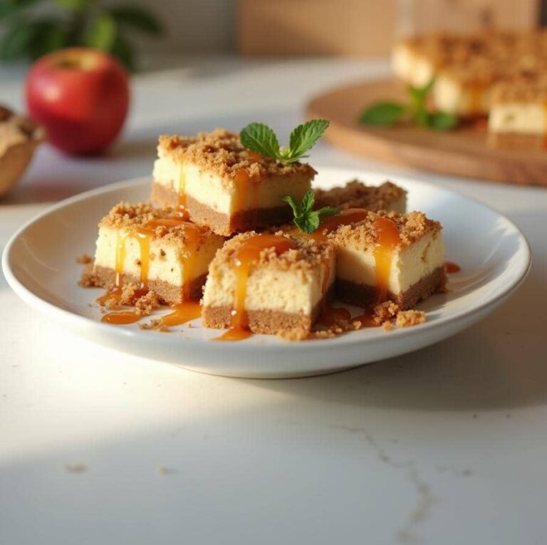 Final plated apple cheesecake bars with caramel drizzle