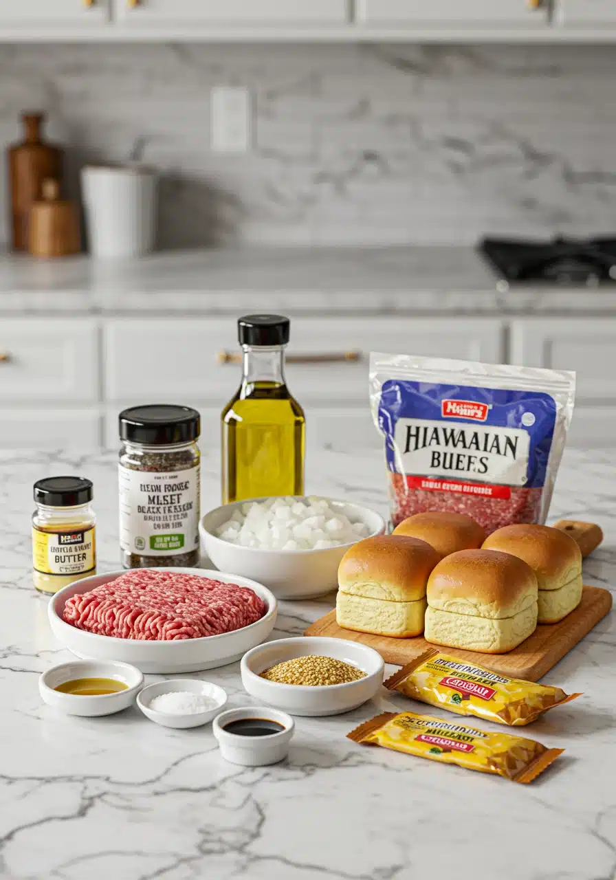 Ingredients for cheeseburger sliders on a modern kitchen counter with white marble surface. Includes ground beef, garlic powder, salt, pepper, olive oil, onion, Hawaiian rolls, cheese bars, and optional glaze ingredients.