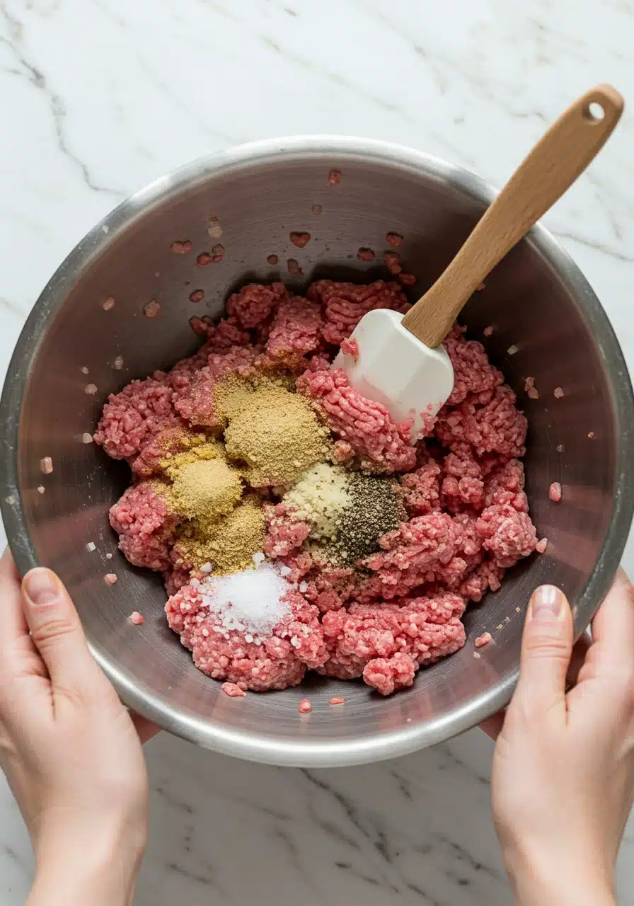 Ground beef, garlic powder, salt, pepper, and diced onions being mixed in a large bowl on a marble kitchen counter.