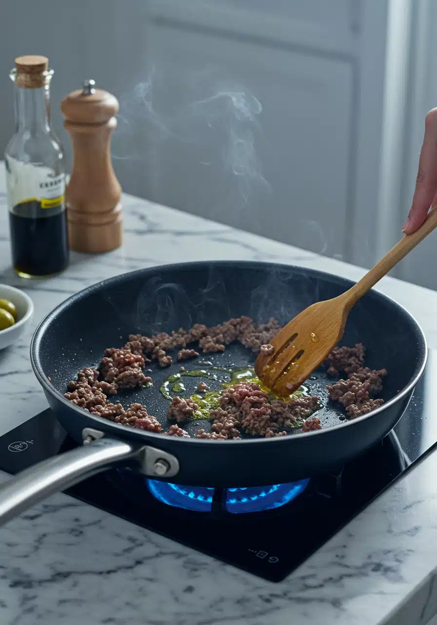 Ground beef cooking in a skillet with olive oil on a white marble kitchen counter.