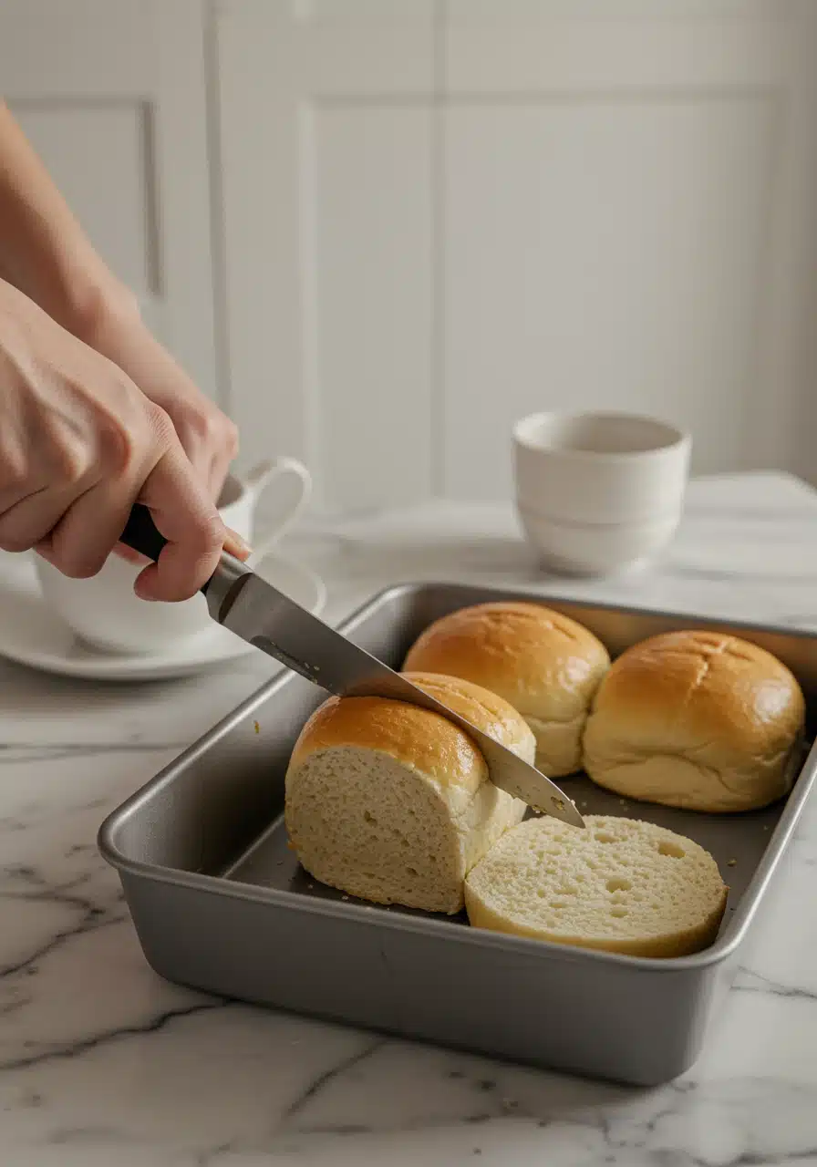 Hawaiian rolls sliced in half and placed in a baking dish on a modern kitchen counter.