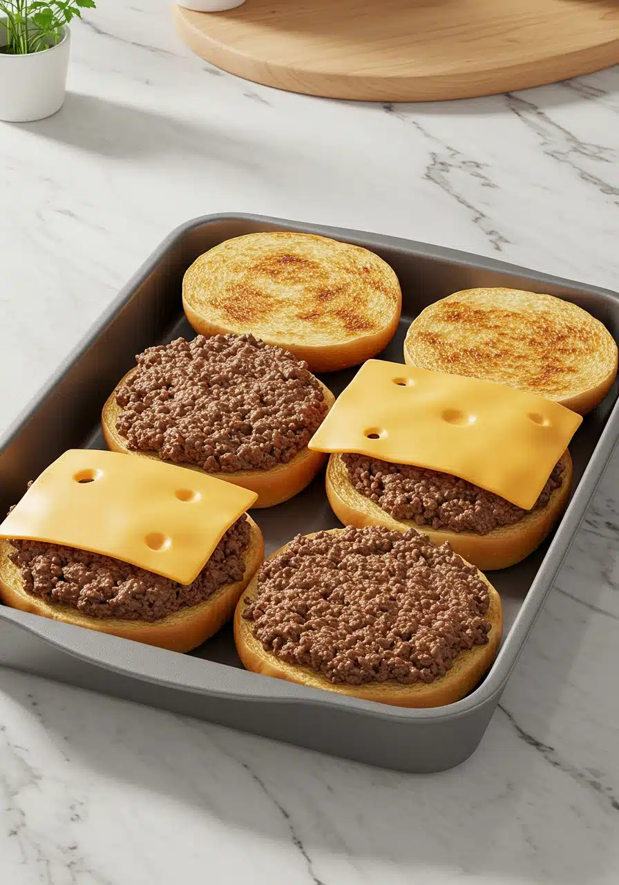 Cooked ground beef and cheese layered on Hawaiian rolls in a baking dish.