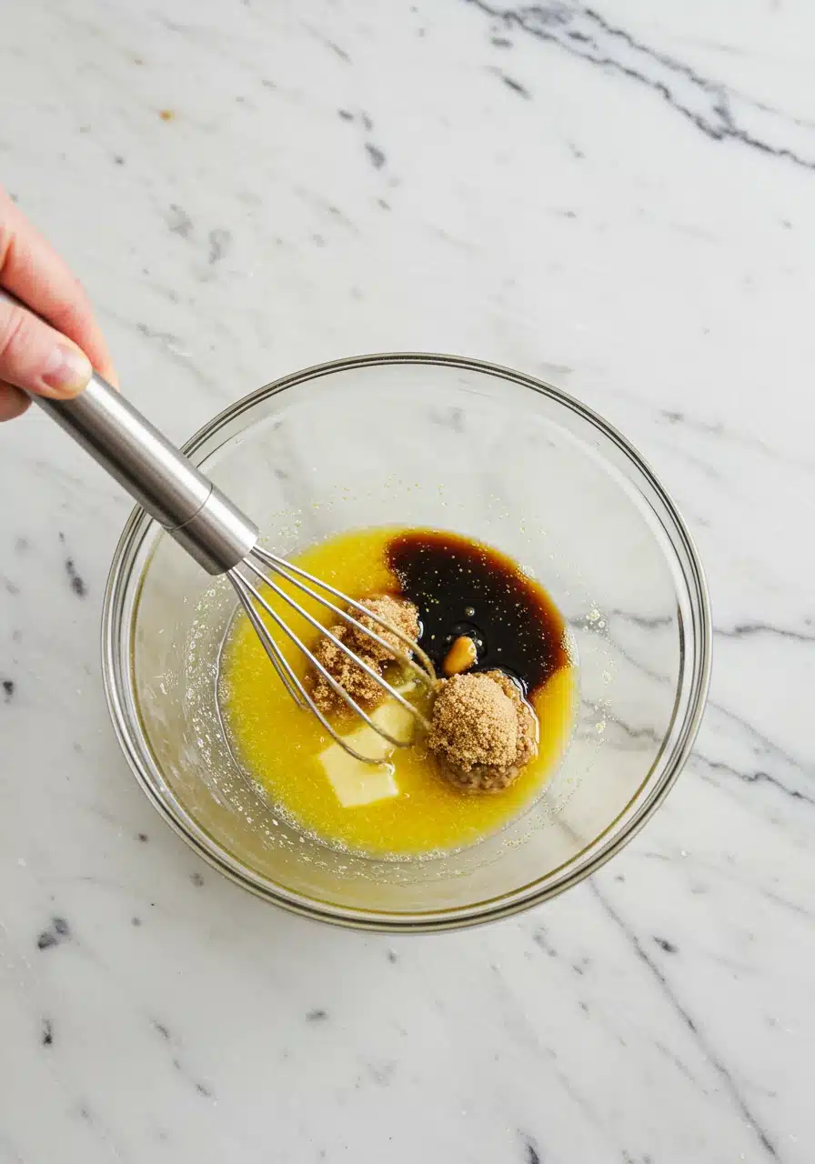 Preparing glaze with melted butter, brown sugar, soy sauce, Dijon mustard, and salt in a small bowl.