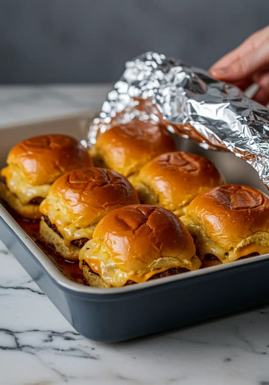 Baking cheeseburger sliders in a dish covered with foil on a marble kitchen counter.