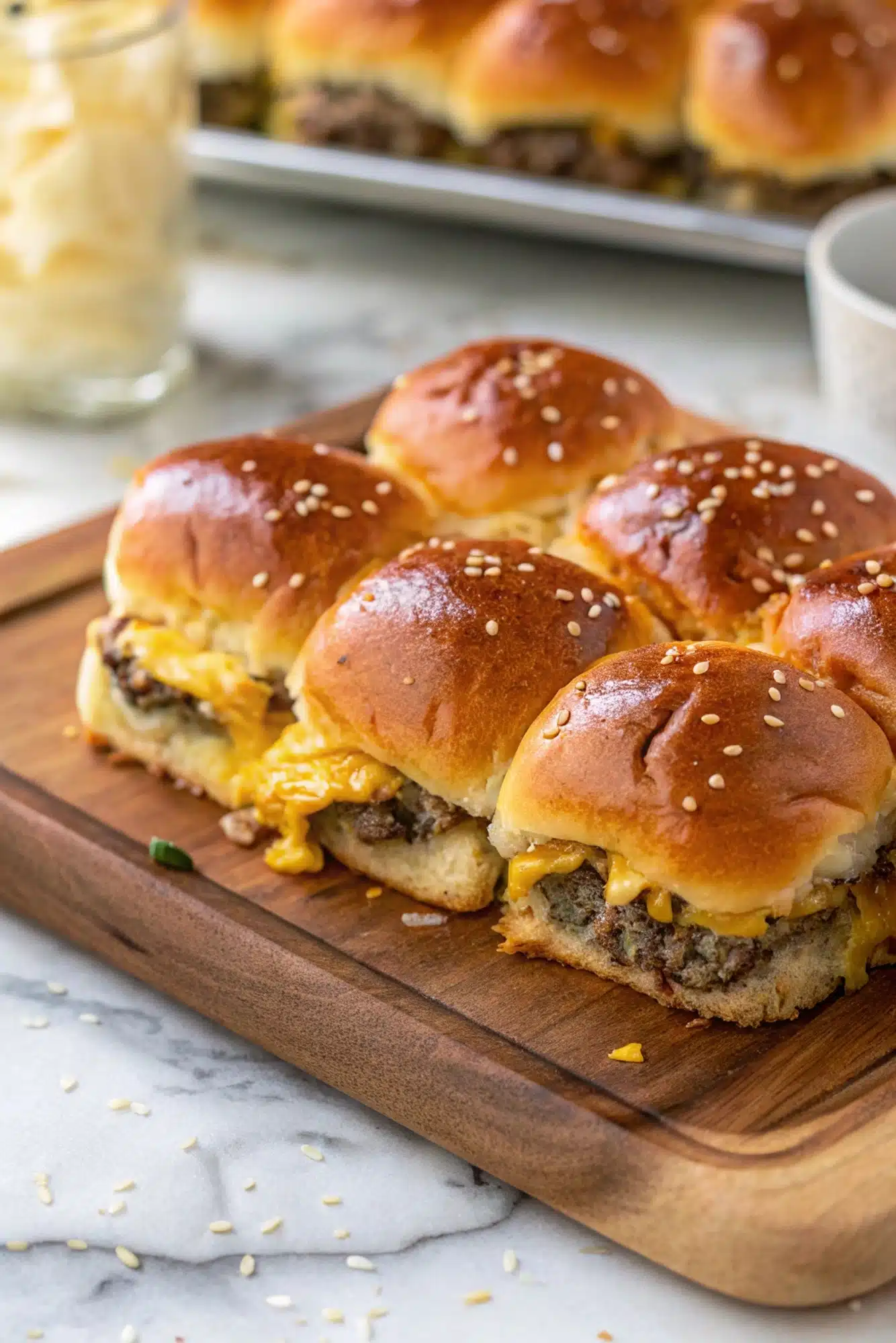 Freshly baked cheeseburger sliders served on a wooden board, cut into individual sliders.