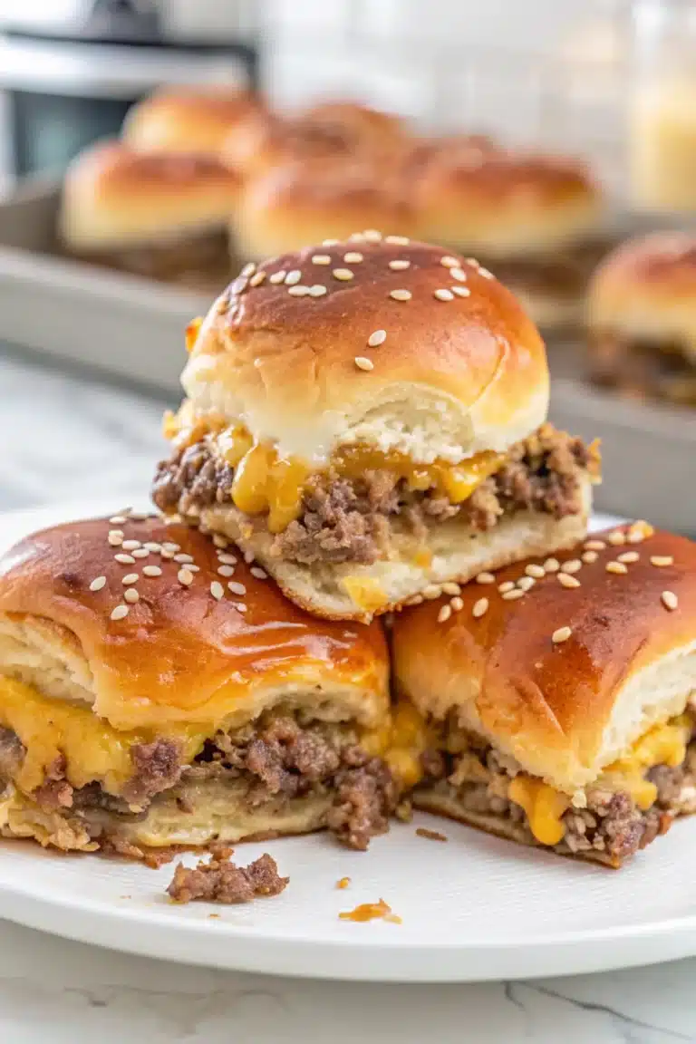 Well-presented cheeseburger sliders on a plate, golden and melty with sesame seeds and glaze.