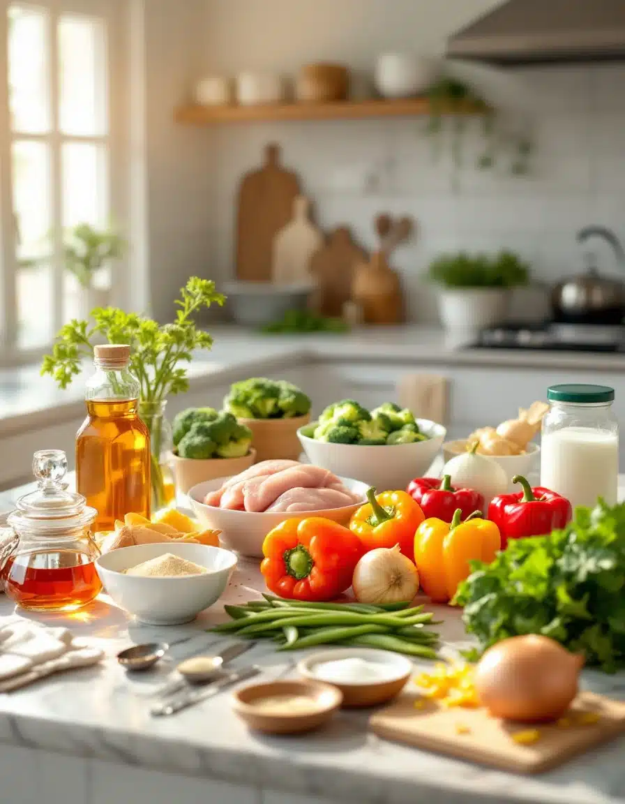 A colorful array of fresh vegetables, chicken, and cooking ingredients on a bright kitchen countertop.