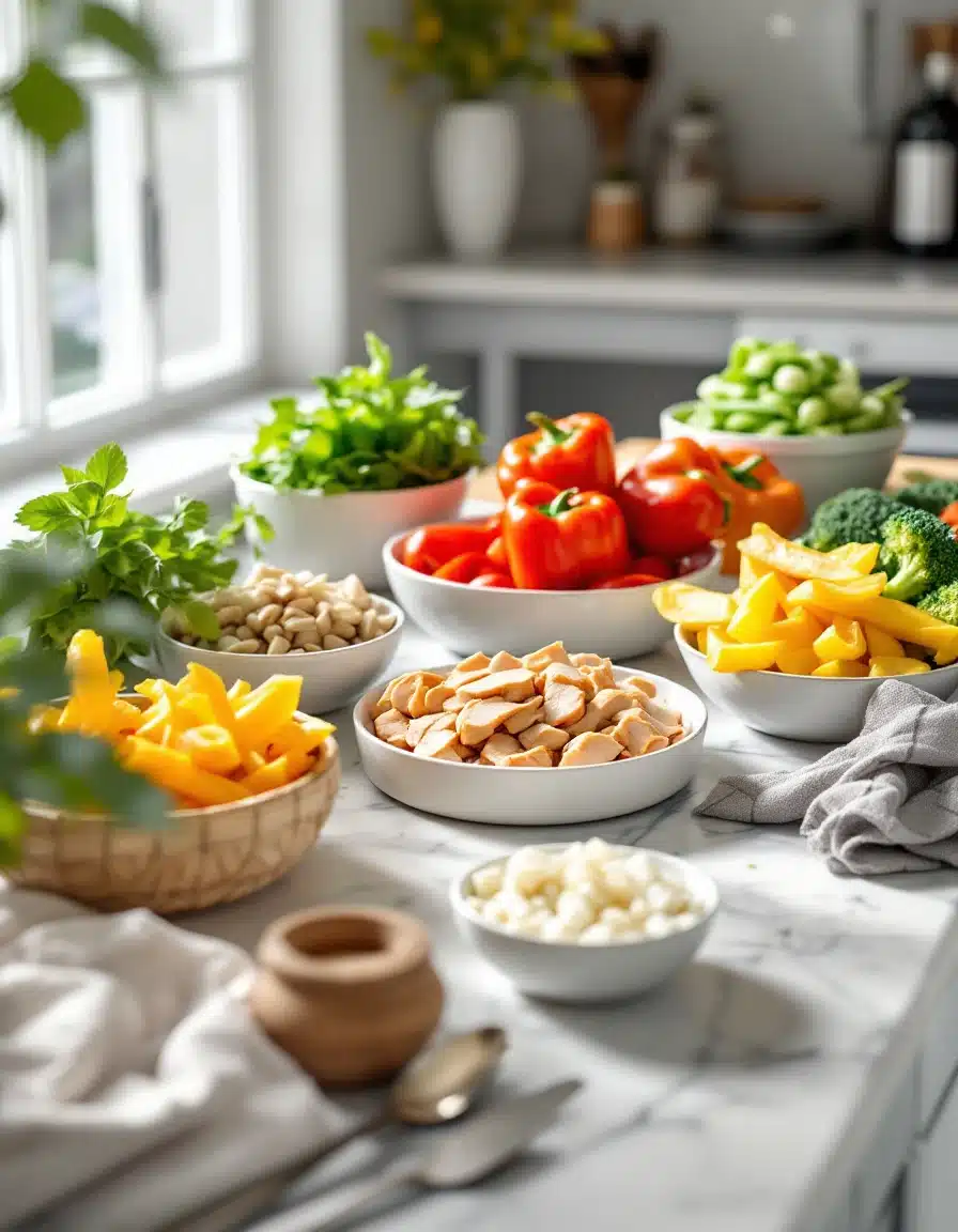 Prepped vegetables and diced chicken in bowls arranged neatly on a kitchen countertop.