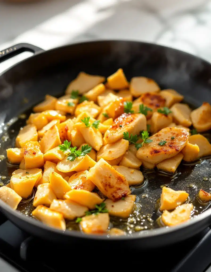 Diced chicken being sautéed in a black frying pan with a sprinkle of fresh parsley.