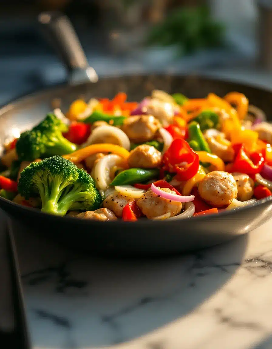 A vibrant stir fry with chicken, broccoli, peppers, and onions in a black frying pan.