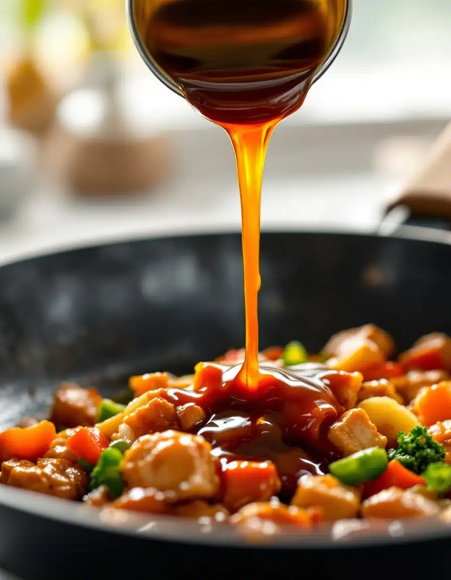 Teriyaki sauce being poured into a pan of chicken and vegetables.