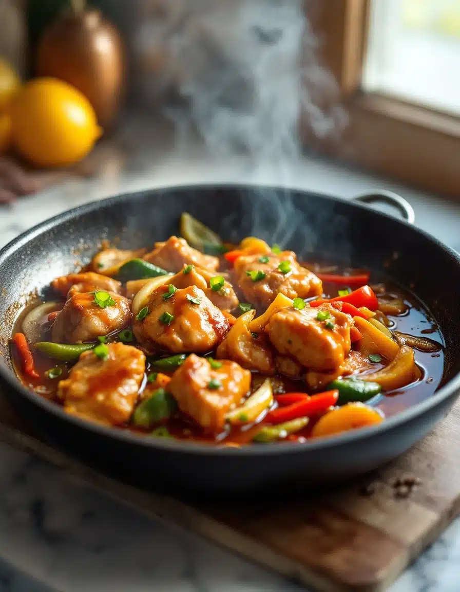 Chicken teriyaki stir fry simmering in a pan with vibrant vegetables.