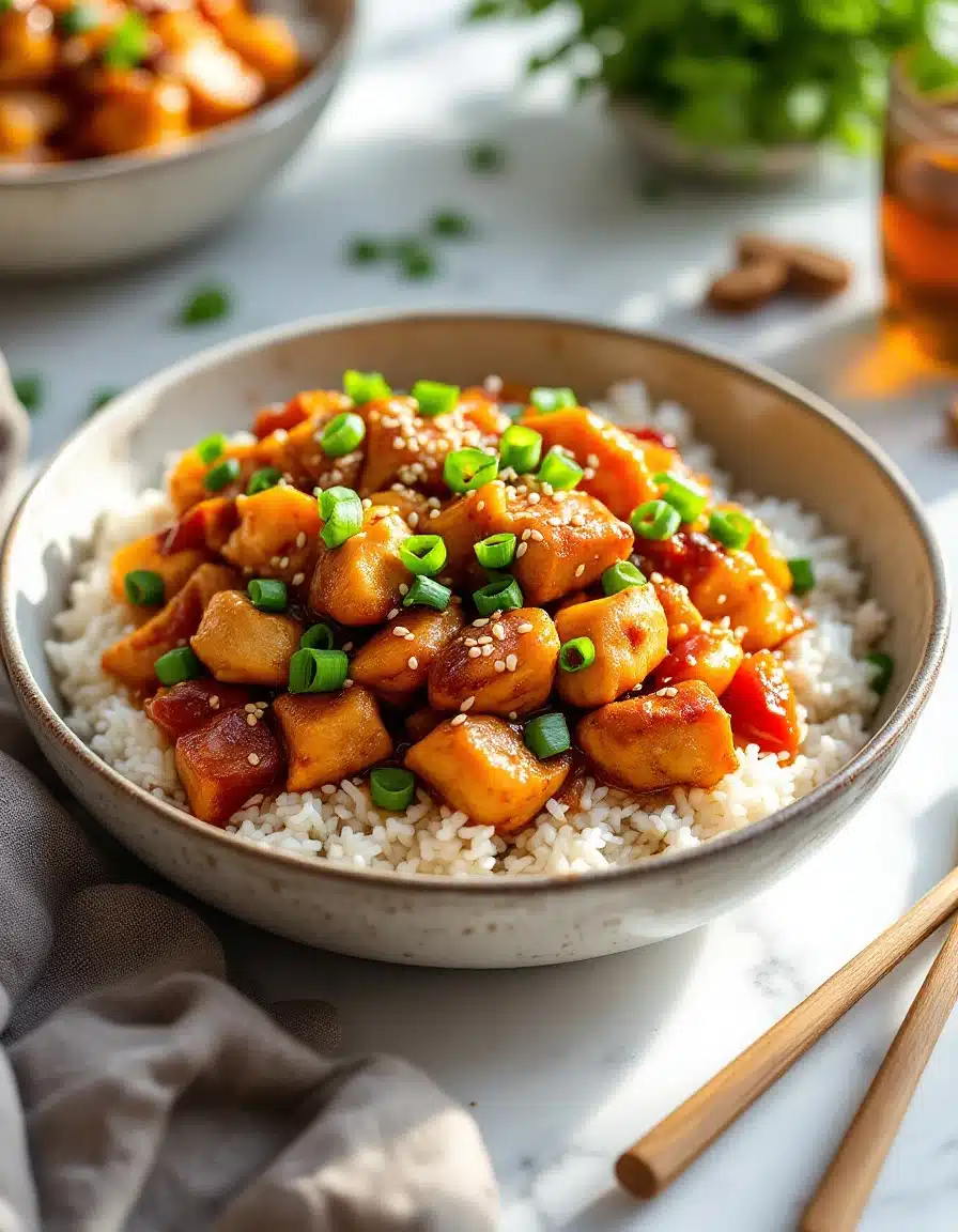 A bowl of chicken teriyaki stir fry served over steamed rice, garnished with green onions and sesame seeds.