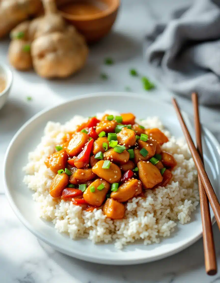 Chicken teriyaki stir fry plated over rice with chopsticks on the side.