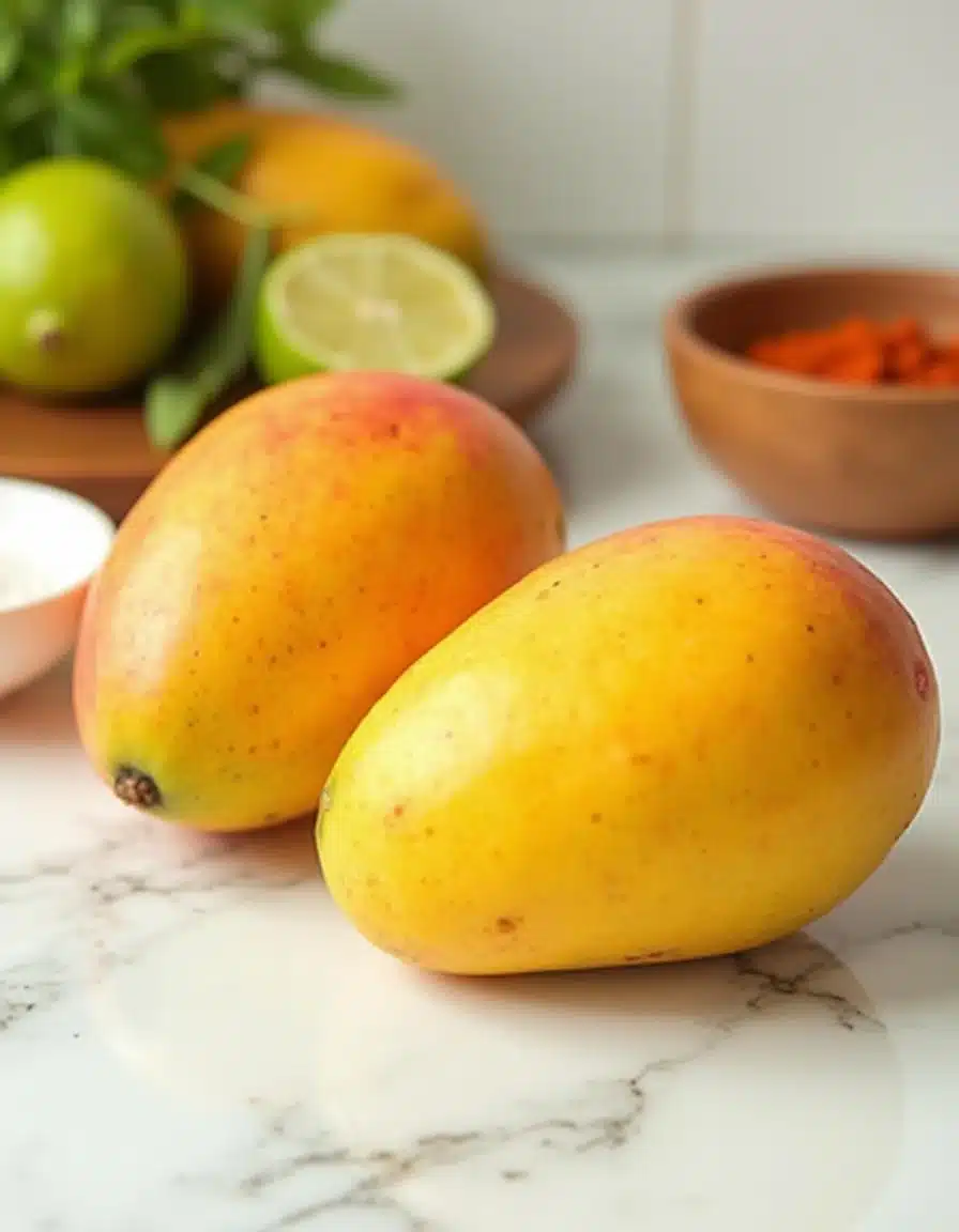 Fresh ingredients for chili mango sorbet including ripe mangoes, lime, chili powder, and salt on a white marble kitchen counter.