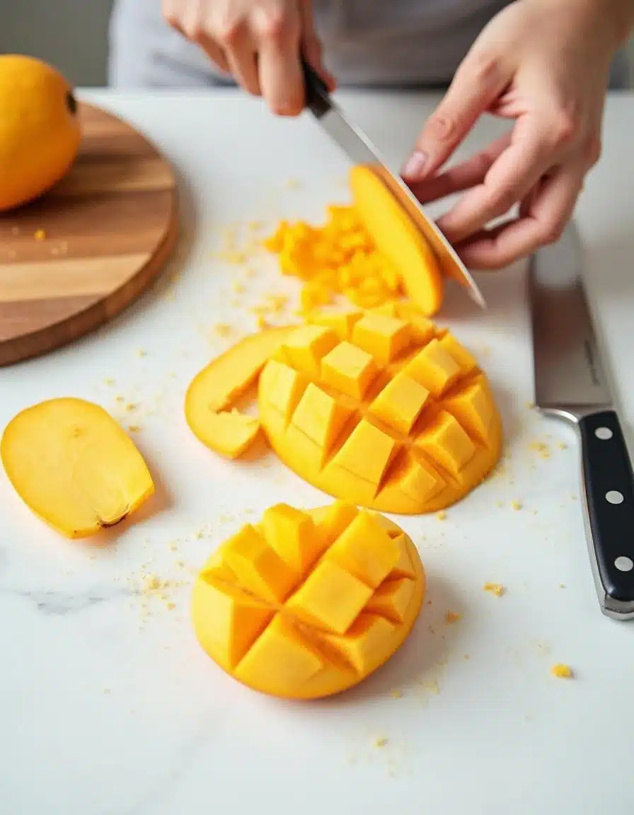 Person peeling and chopping fresh mangoes on a bright kitchen counter for chili mango sorbet.