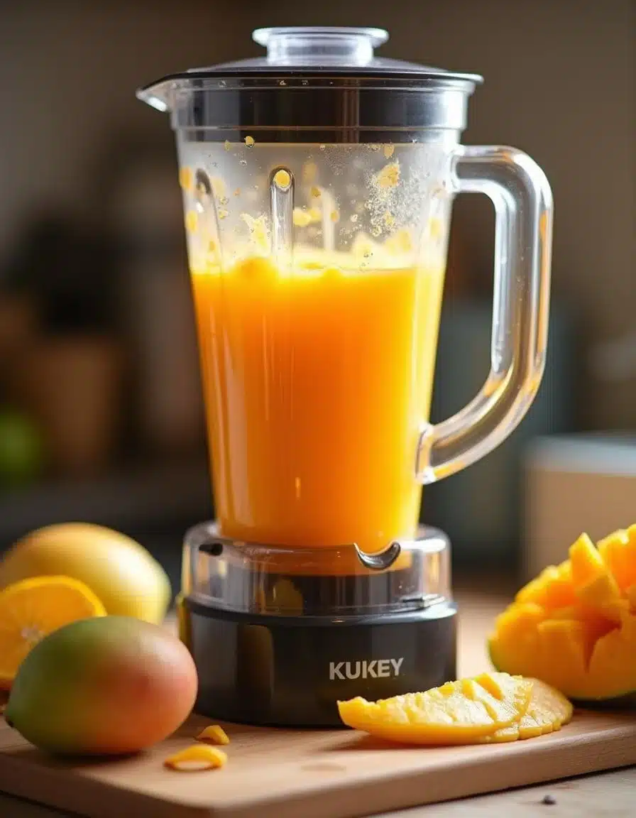 Mango mixture blending in a high-quality blender for chili mango sorbet.