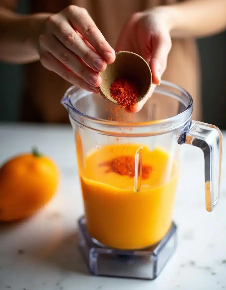 Adding chili powder to a blender for chili mango sorbet.