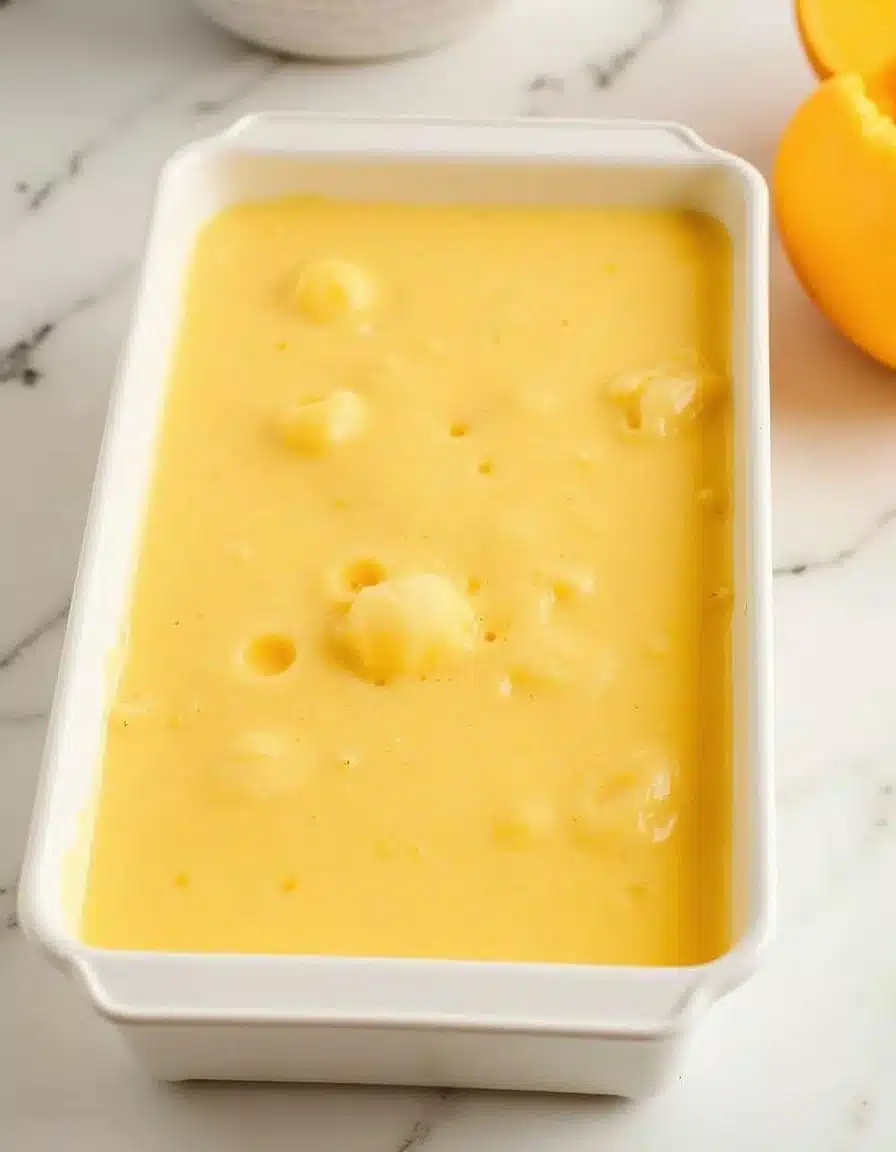 Mango-chili sorbet mixture in a shallow container ready to freeze.