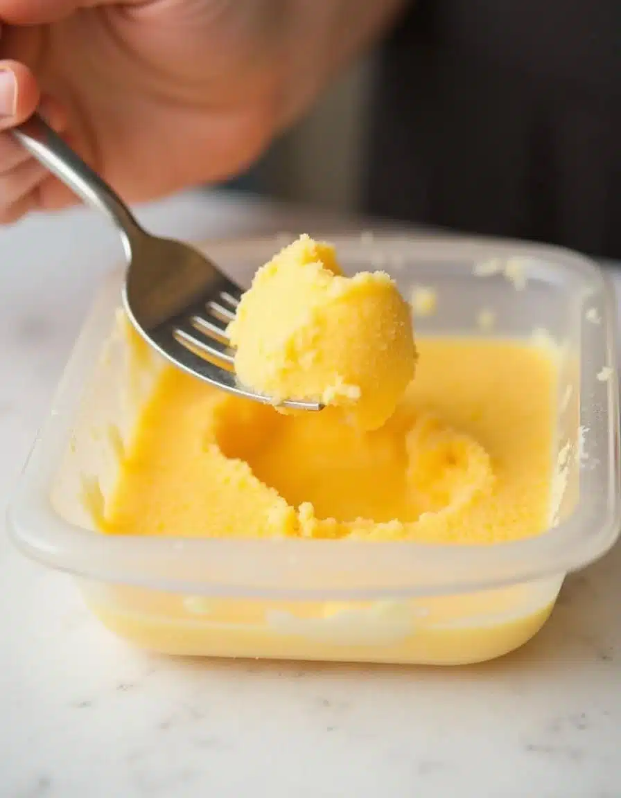 Scraping frozen chili mango sorbet with a fork