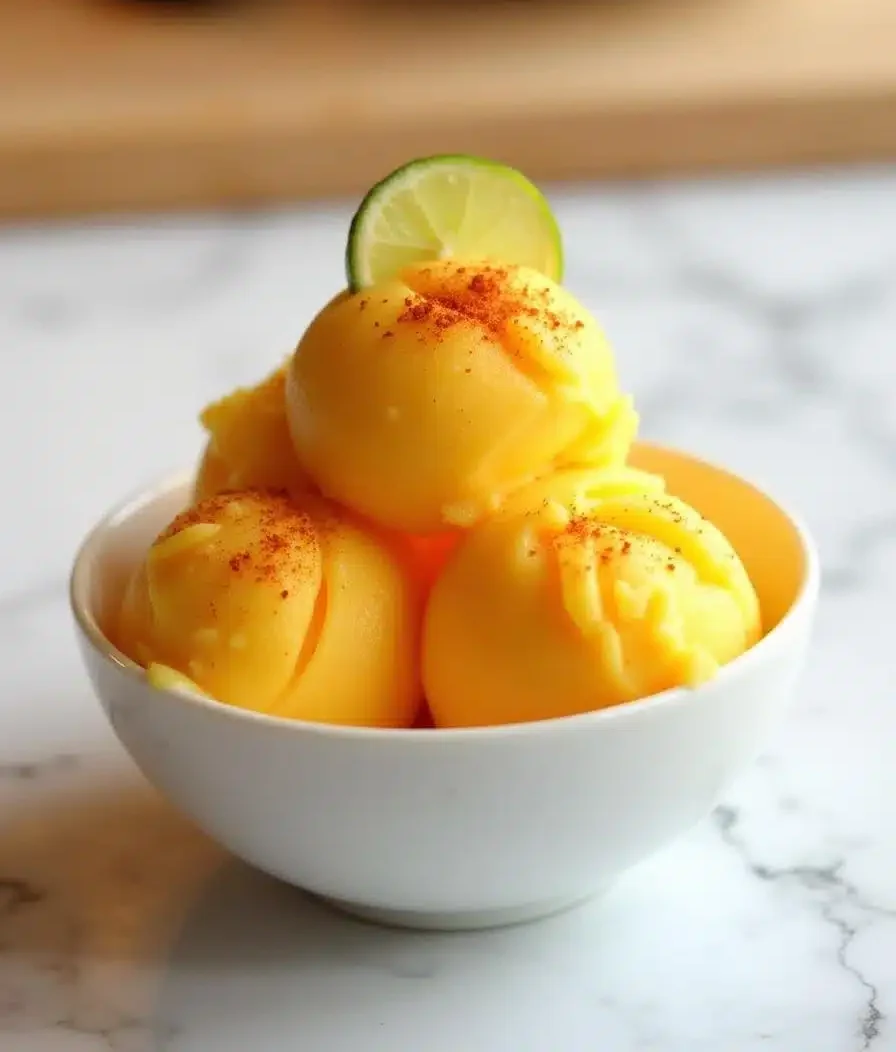 Final dish of chili mango sorbet garnished with lime and chili powder.