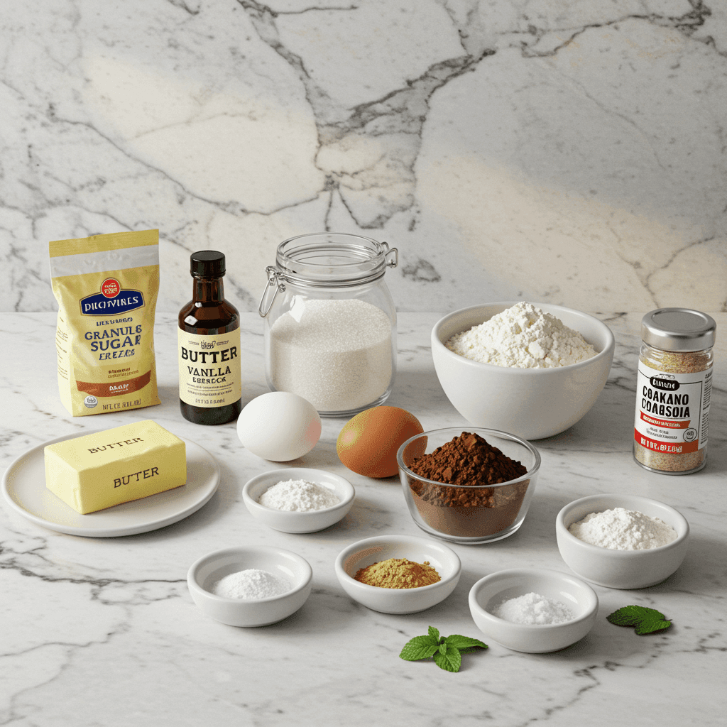 Chocolate mint cookie ingredients on a white marble kitchen counter, including butter, sugar, vanilla extract, egg, flour, cocoa powder, baking soda, and salt, styled for a cozy baking scene.