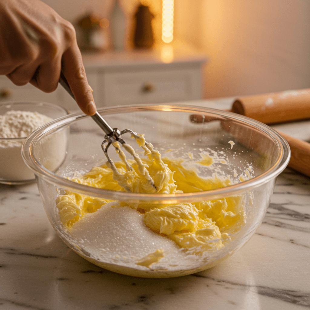 Whipping butter and sugar together in a glass mixing bowl to create a fluffy, smooth base for cookies.