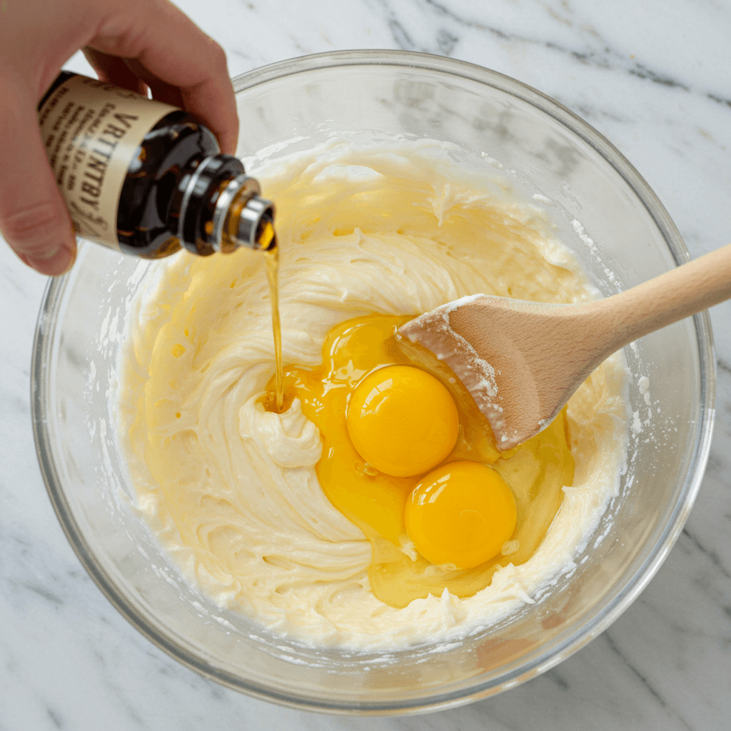 Adding vanilla extract and an egg into the creamed butter mixture for rich, flavorful cookies.