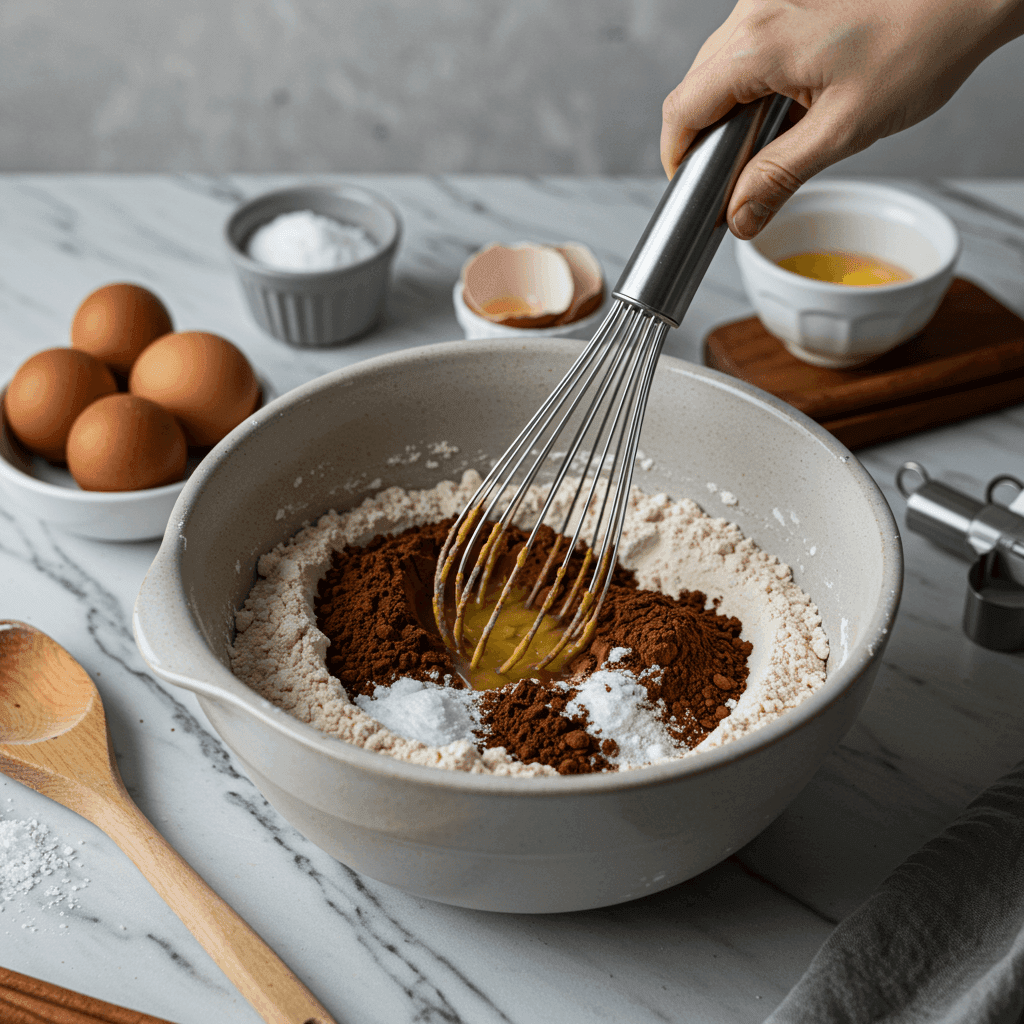 Whisking together flour, cocoa powder, baking soda, and salt for a smooth, even cookie dough mix.