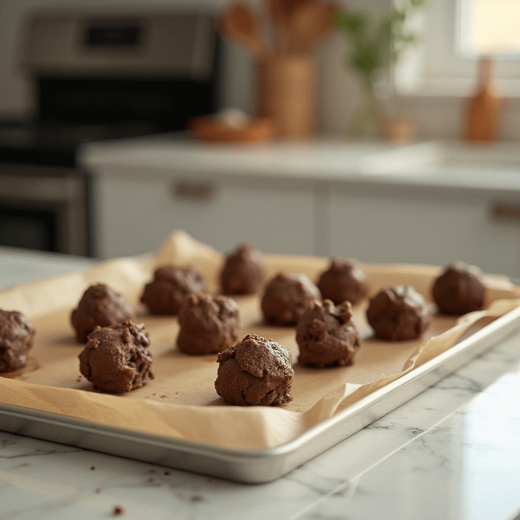 Chocolate cookie dough balls lined on a baking sheet, ready to be baked to perfection.