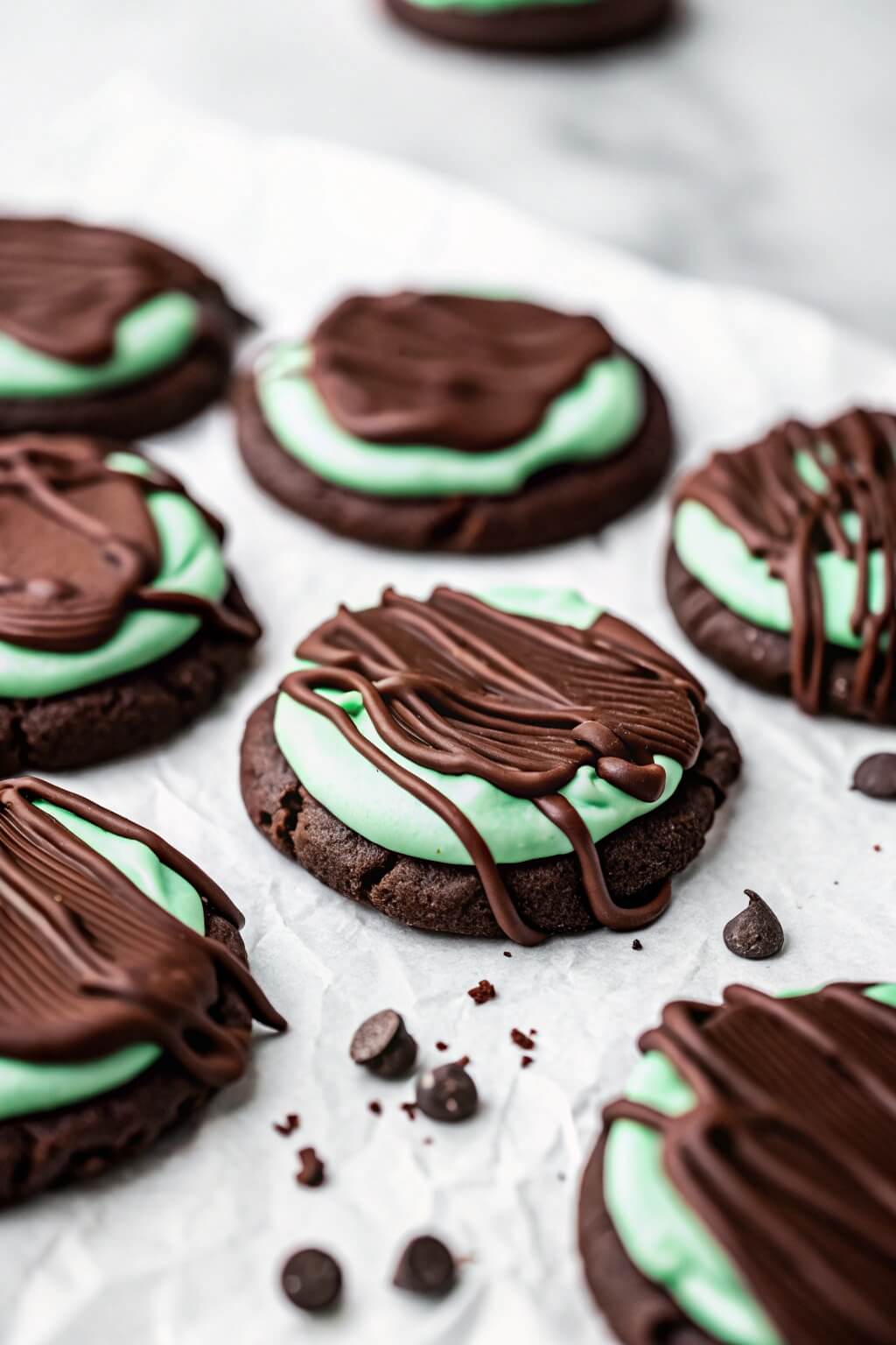 Spreading mint frosting and drizzling chocolate ganache over freshly baked cookies.