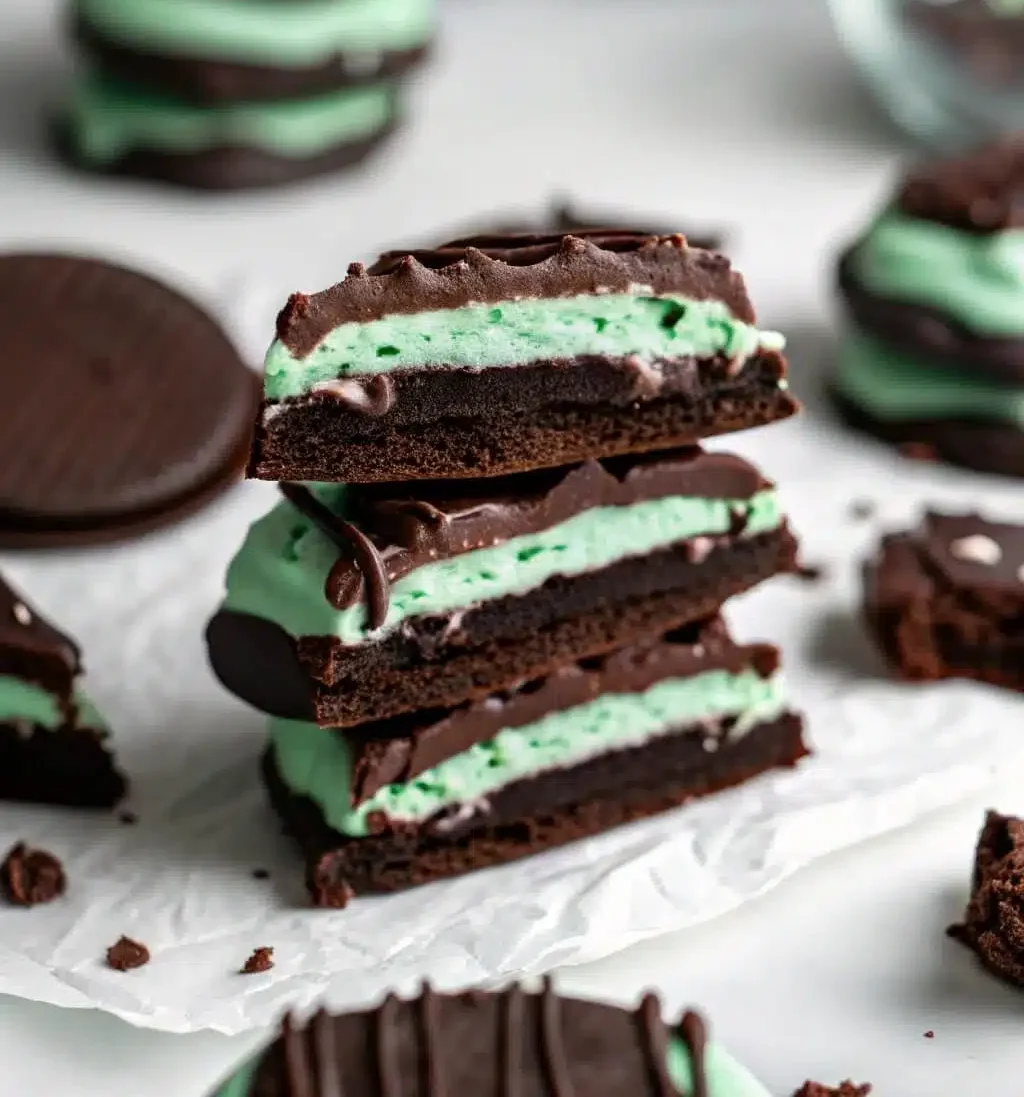 A beautifully plated batch of chocolate mint cookies, topped with rich ganache and garnished with chocolate shavings.