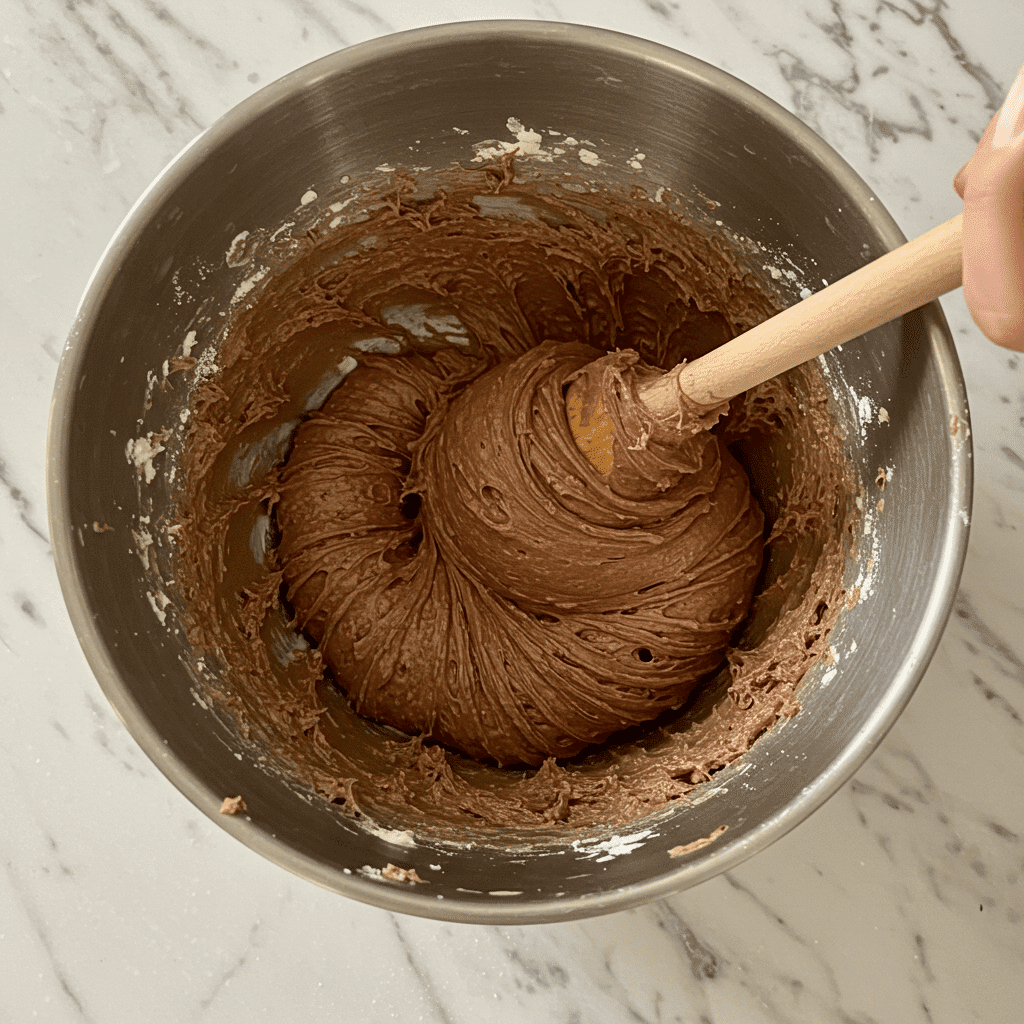 Mixing rich chocolate cookie dough before chilling for the perfect texture.