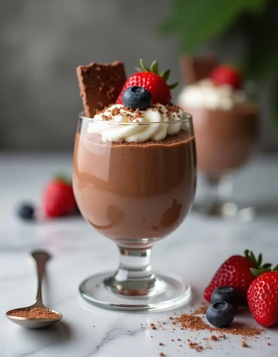 chocolate mousse being spooned into serving glasses and placed on the marble