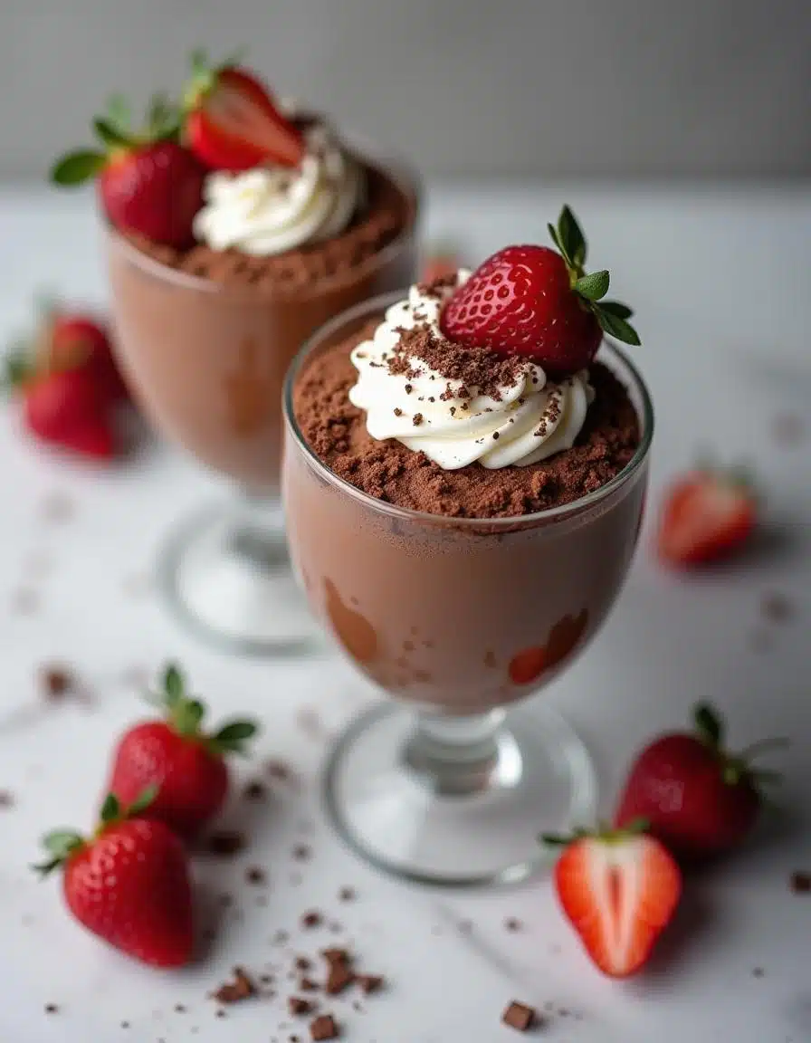 Chilling chocolate mousse in serving glasses in the fridge.