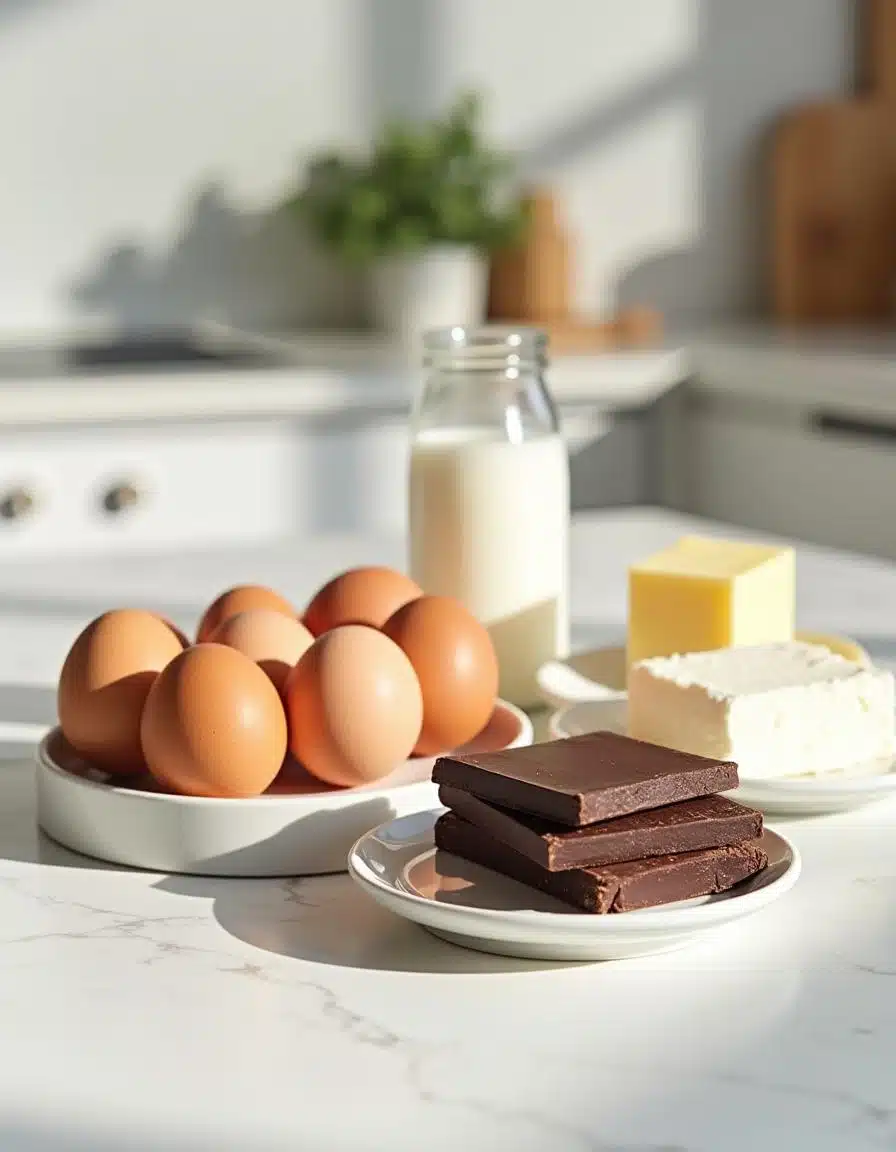 Ingredients for chocolate mousse recipe: eggs, dark chocolate, butter, cream, and sugar on a white marble kitchen counter.