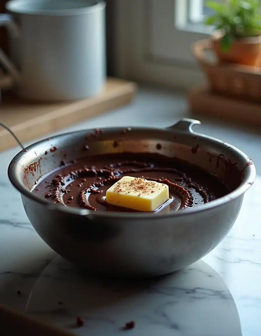 Melting chocolate and butter in a heatproof bowl over simmering water for chocolate mousse recipe.